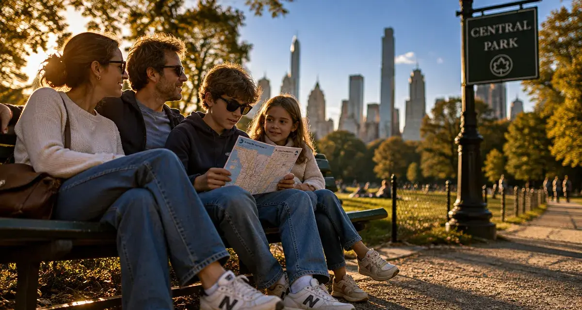 Organiser un voyage à New York en famille : famille à Central Park près du panneau