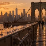 Pont de brooklyn à pied, skyline, golden hour depuis la passerelle