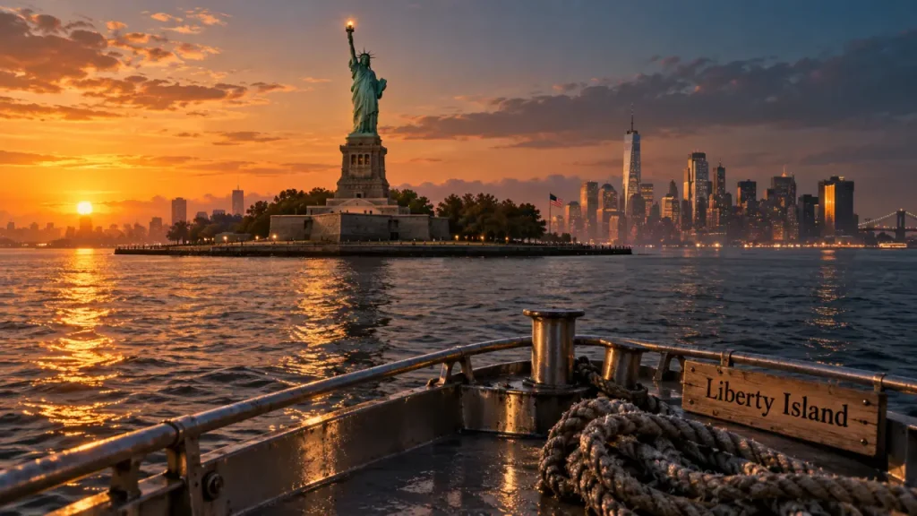 Statue de la liberté sur Liberty Island, vue depuis un ferry à New York