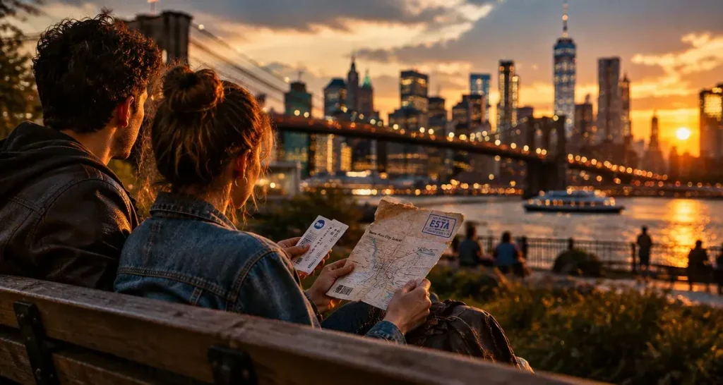 Vacances à New York pour les 18-25 ans : couple au Brooklyn Bridge Park, billets et skyline Manhattan