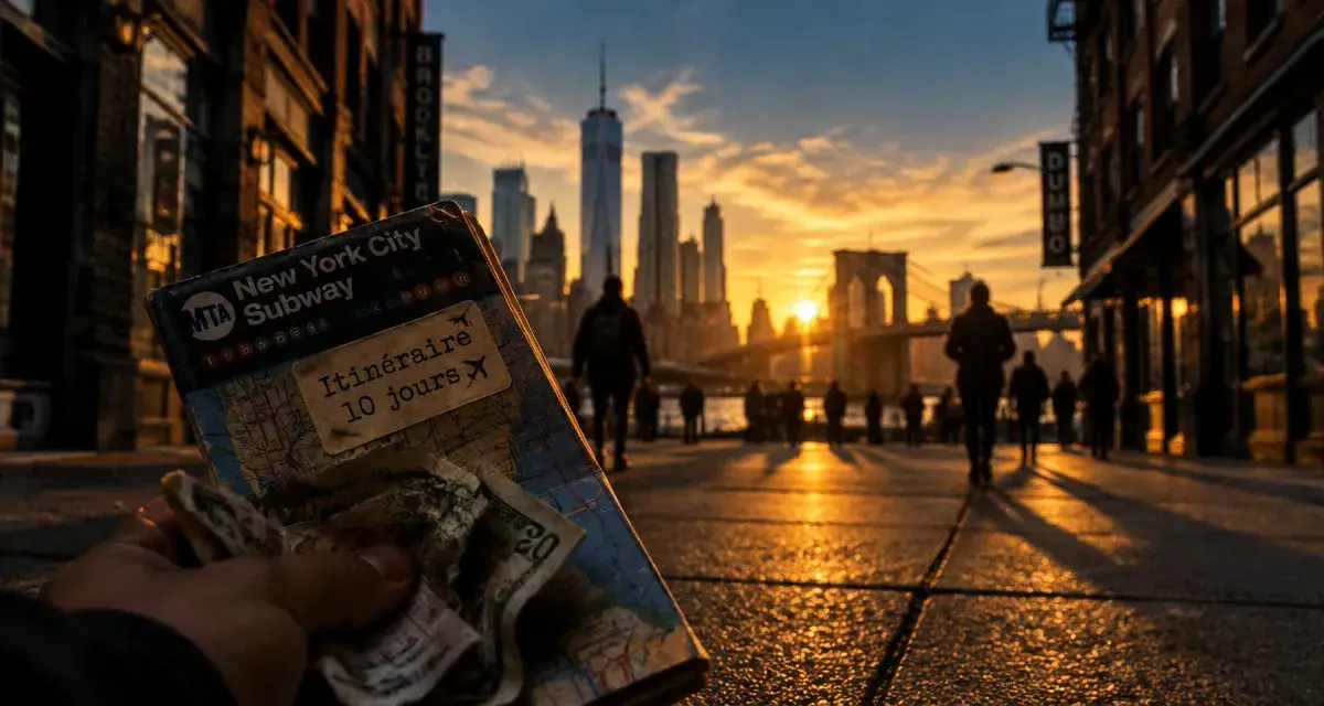 Visiter New York en 10 jours : trottoir new-yorkais et skyline Manhattan, pont de Brooklyn