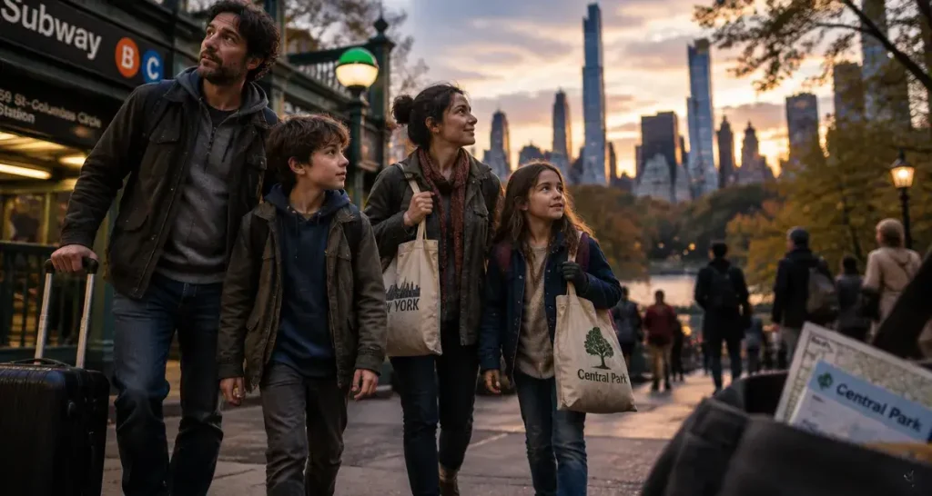 Visiter New York en 7 jours en famille : famille à Manhattan près d’un métro et vue Central Park