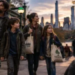 Visiter New York en 7 jours en famille : famille à Manhattan près d’un métro et vue Central Park