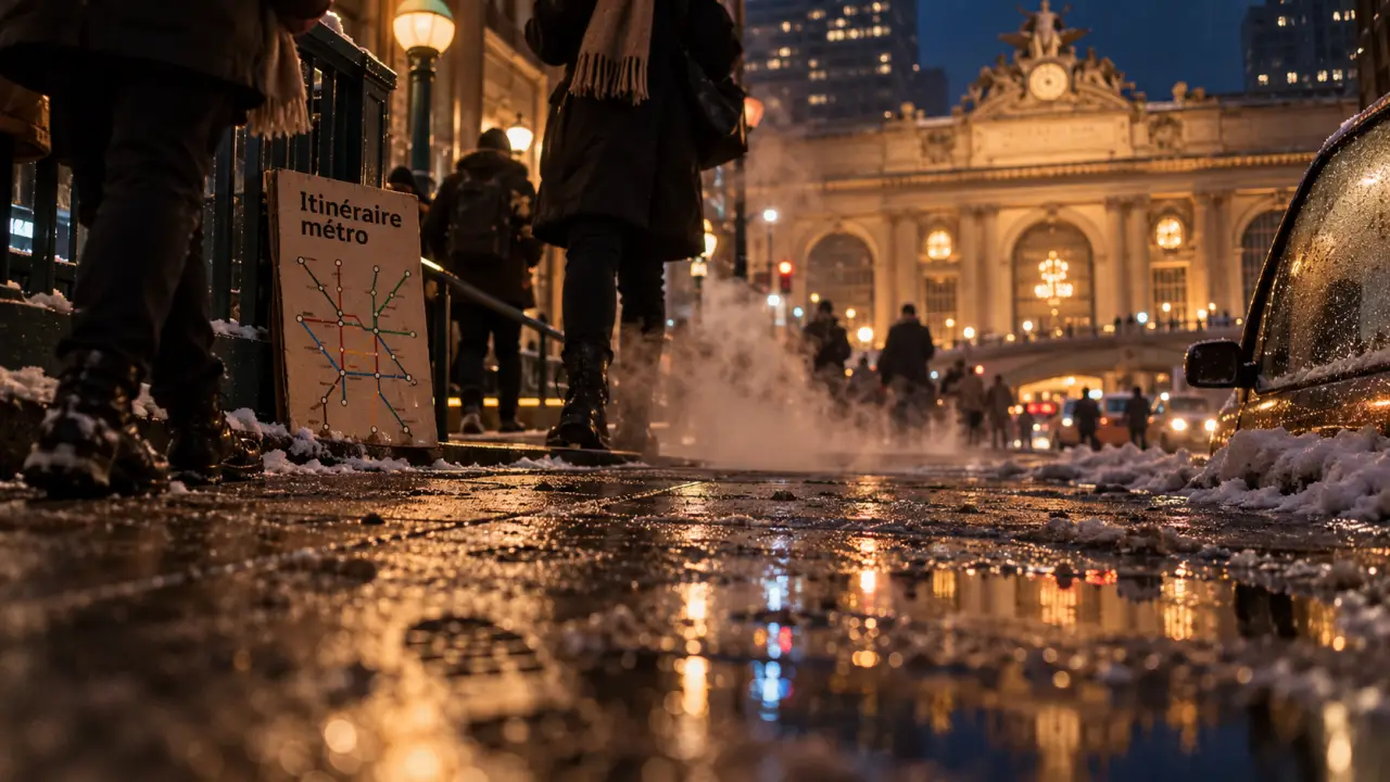 Visiter New York en février : rue humide vers Grand Central Terminal
