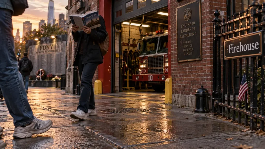 Visiter une caserne de pompier a new york : façade FDNY, camion rouge et guide devant une caserne