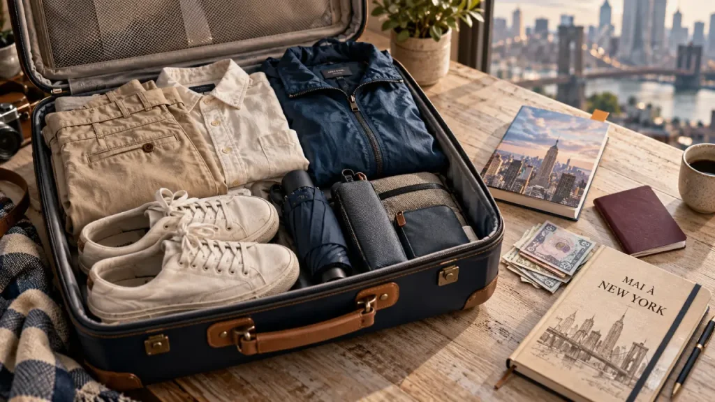 Voyage à new york en mai : valise ouverte avec tenue légère et accessoires