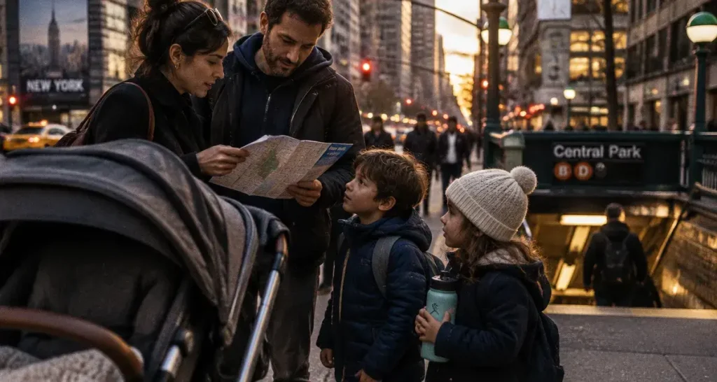 Voyage new york en famille : enfants devant le métro, carte et poussette