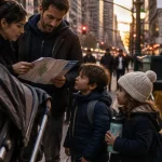 Voyage new york en famille : enfants devant le métro, carte et poussette