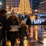 Voyage New York Noël 2025 : famille devant sapin et patinoire Rockefeller Center