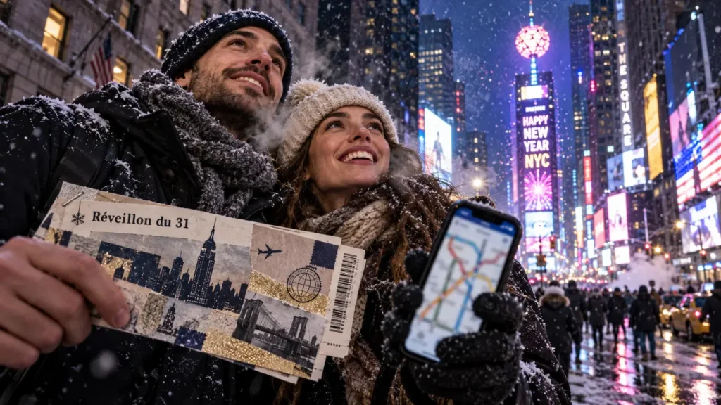 Voyage New York nouvel an à Times Square, couple en manteaux, billets et feux d’artifice